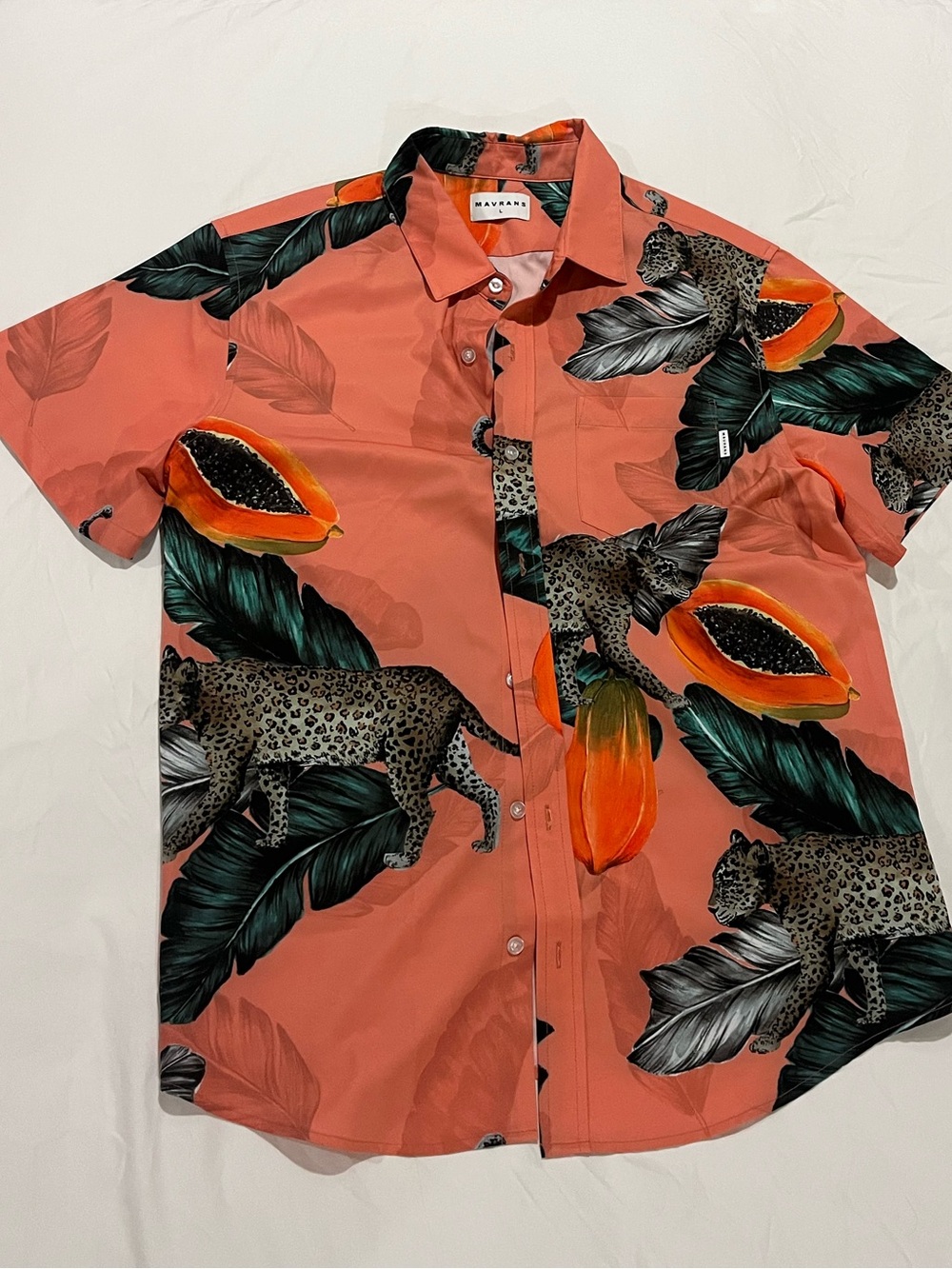 Mavrans Orange/Coral Leopard, Papaya, and Palm Print Button Up Shirt - Beach